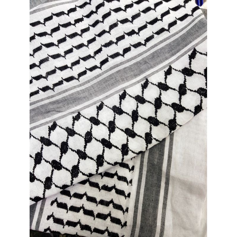 Luxury Bamboo Keffiyeh Scarf - Palestinian Pattern, Fringe Finishing - Man Occasional/Casual Wear - 120 cm x 120 cm - Black/White - Cave